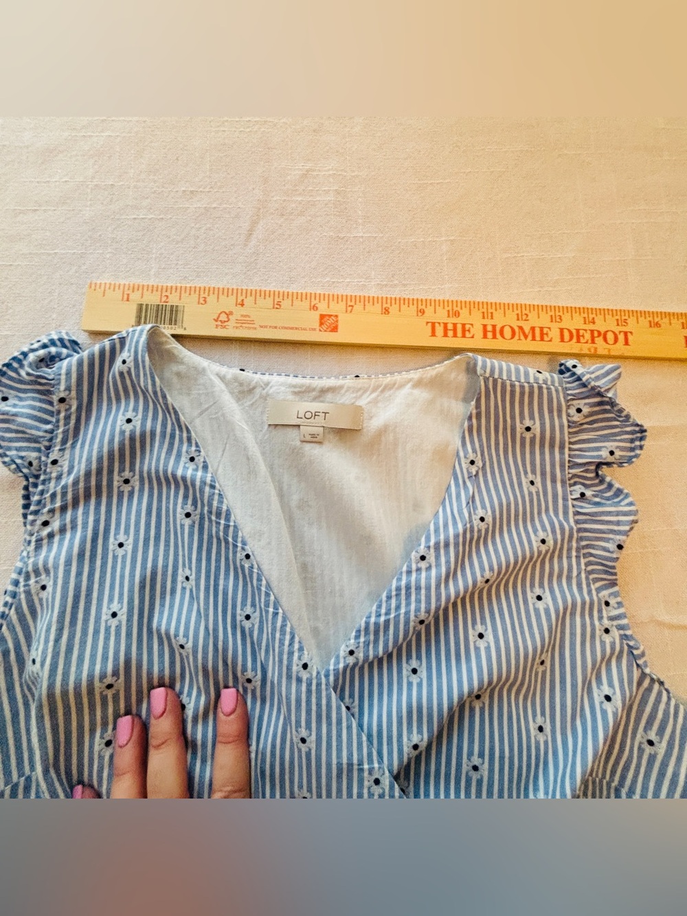 LOFT Light Blue & White Striped Midi Wrap Dress with Ruffle Sleeves Women’s L - Picture 7 of 11